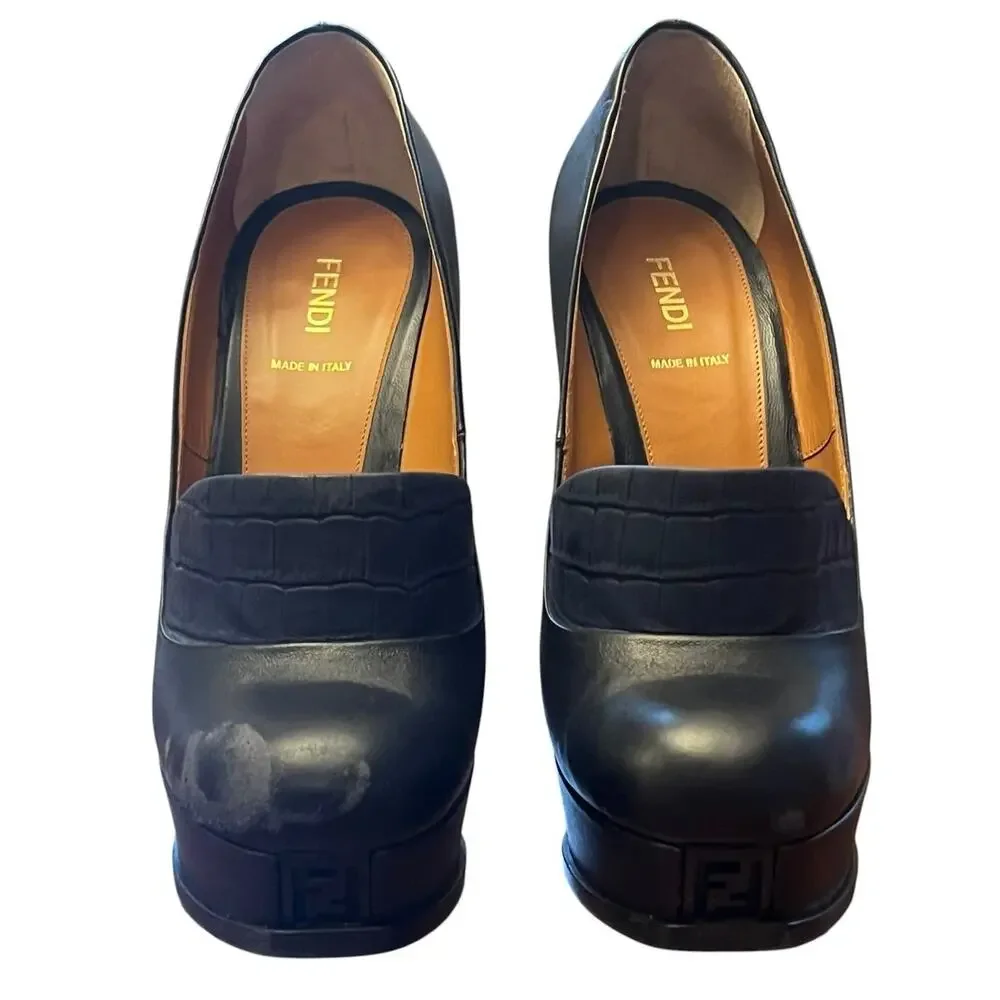 Fendi Black Leather Crocodile Embossed Platform Loafer Pumps Heels Size 39 Italy